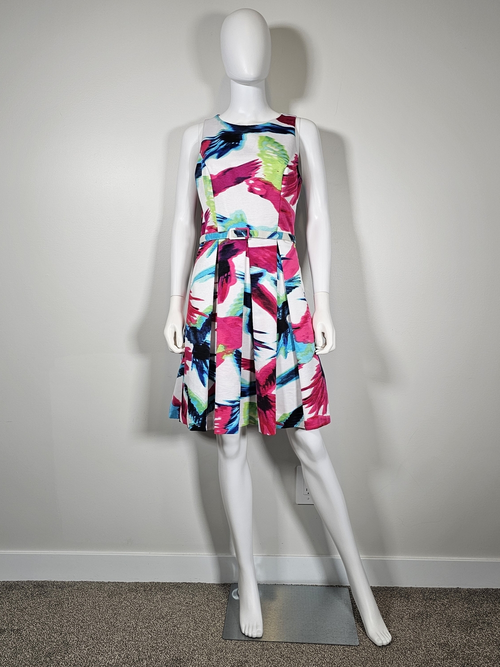 Eliza J White Midi Dress with Pink, Teal, Navy & Lime Brushstroke Print Sz 8